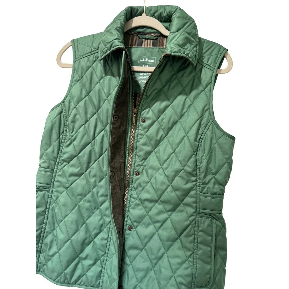 L.L.Bean‎ Quilted Vest Women Small Green Excellent Plaid Lined Corduroy Trim